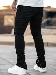 Manfinity LEGND Men's Solid Color Zipper Fly Jeans With Distressed Legs Slim Fit Long Ripped Frayed Jean Cargo Plain Black Going Out Rock And Roll Friends - Black - View 2