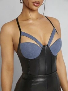 Hauture Contrast Cut Out Bustier PU Leather Halter Bodysuit - Multicolor - View 4