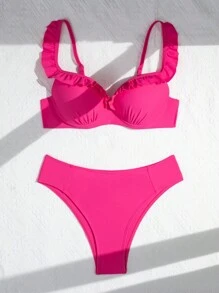 SHEIN Swim Ladies' Ruched Bikini Set With Ruffle Design, Summer Beach - Hot Pink - View 6