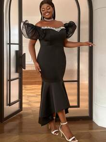 Hơn Off Shoulder Lưới tương phản Viền Ruffle Nàng tiên cá Hem Đầm - màu đen - Xem 3