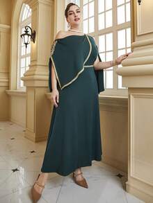 Plus Size Women Patchwork Ribbon Detail Asymmetric Collar Dress - Green - View 4