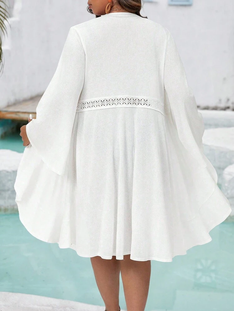 Plus Size Solid Color Lace Splicing Flare Sleeve Tie Front Jacket