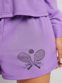 Hauture Tennis Graphic Top & Shorts & Shirt Three Pieces Set - Purple - View 7