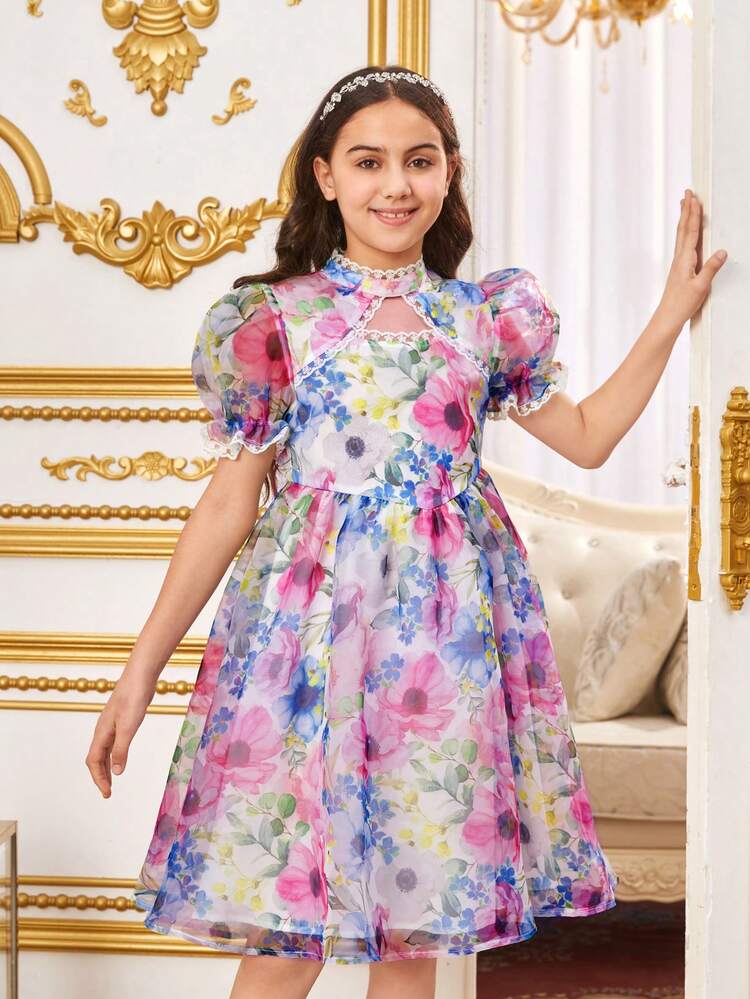 Tween Girls' Vintage Palace Style Cute Stand Collar Floral Printed Puff Sleeve Dress
