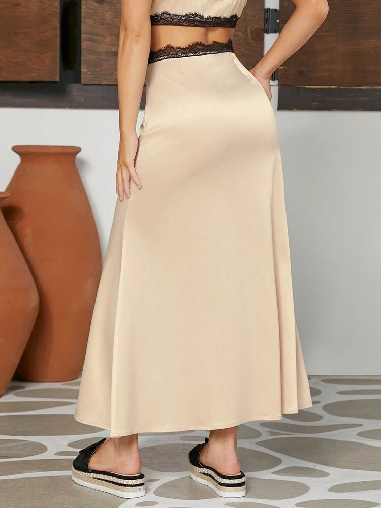 Lace Trim Waist Satin A-Line Skirt