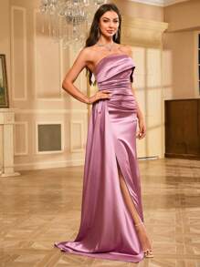 Sequined Satin Floor-Length Evening Gown Elegant Formal Prom Wedding Guest Dress, For Graduation, Dinner - Pink - View 5