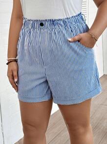 SHEIN LUNE Plus Size Women's Summer Easter Casual Blue & White Striped Shorts