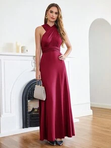 BABYONLINE D.R.E.S.S. Solid Color Back Bow Tie Waist Formal Evening Dress - Burgundy - View 4