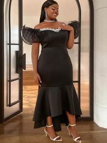 Hơn Off Shoulder Lưới tương phản Viền Ruffle Nàng tiên cá Hem Đầm - màu đen - Xem 6