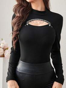 Modelyn Của phụ nữ Thon gọn Áo thun Với Kim cương giả Và Tua - màu đen - Xem 6