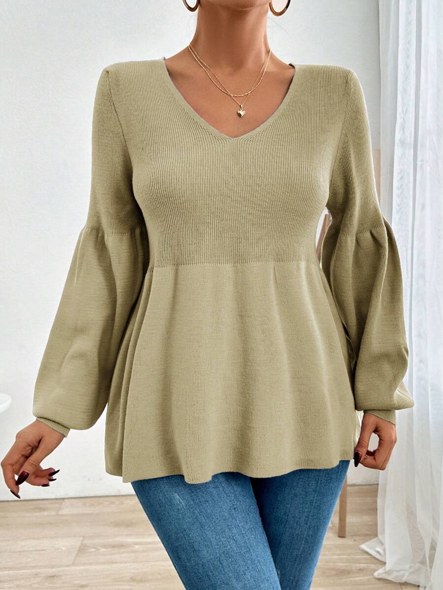 RueChic Women's Solid Color V-Neck Lantern Sleeve Sweater Pullover