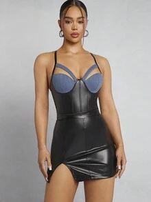 Hauture Contrast Cut Out Bustier PU Leather Halter Bodysuit - Multicolor - View 7