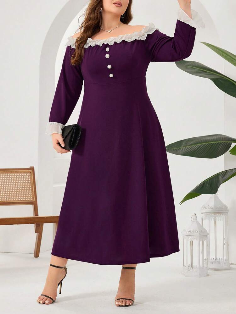 Plus Size Women's Off-Shoulder Long Sleeve Dress With Frill Hem