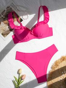 SHEIN Swim Ladies' Ruched Bikini Set With Ruffle Design, Summer Beach - Hot Pink - View 7