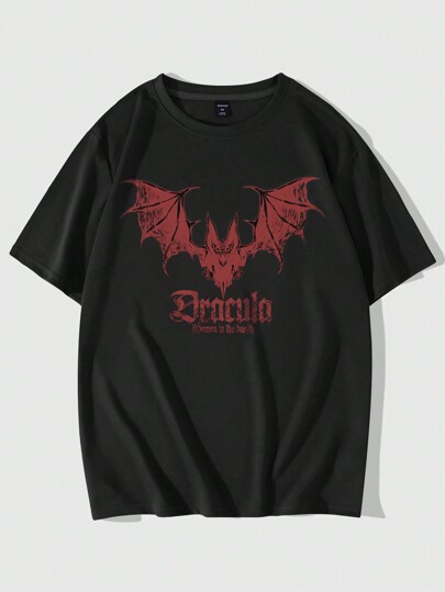 Goth Men Bat Print Tee For Halloween, School
