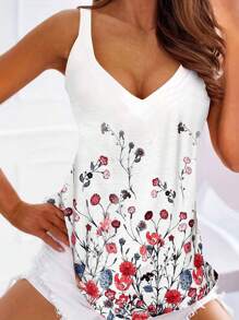 SHEIN LUNE 女士花卉印花 V 领无袖上衣 图案 T 恤 女士上衣 - 白色 - 查看 1