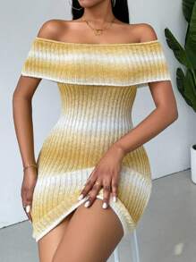 Chiquease Off-Shoulder Short Sleeve Ombre Knitted Dress