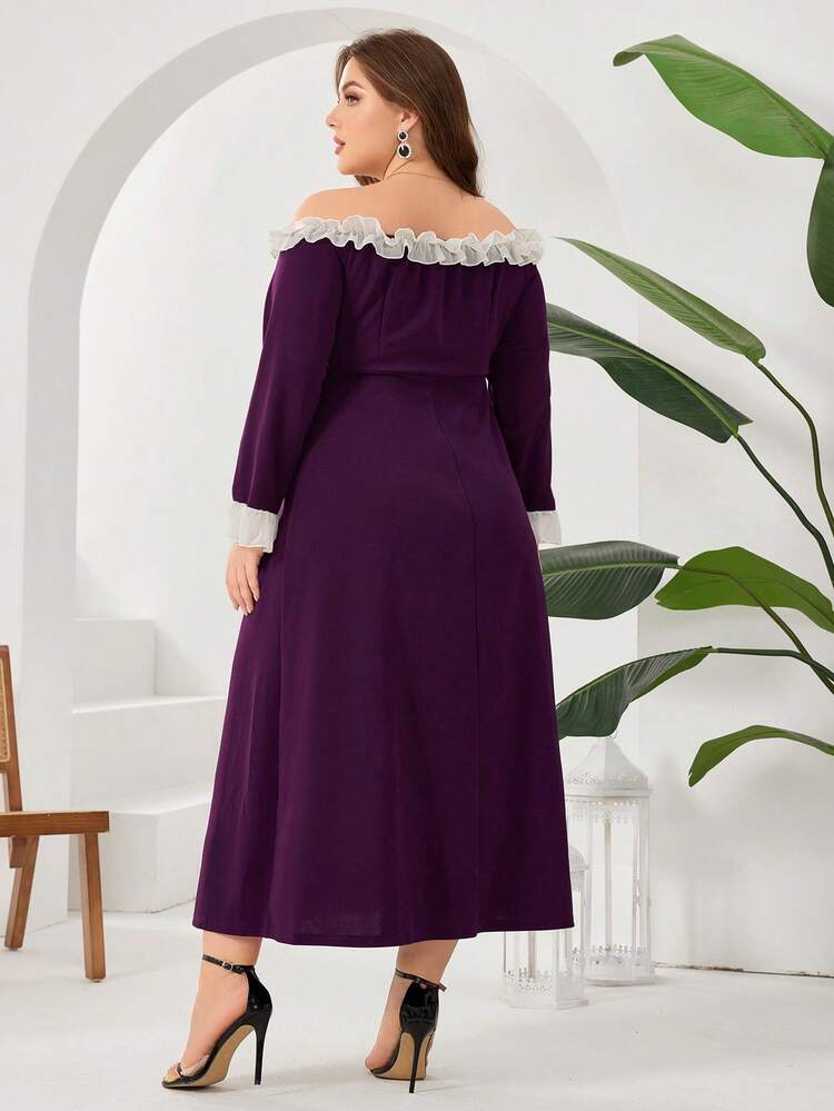 Plus Size Women's Off-Shoulder Long Sleeve Dress With Frill Hem