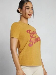 Denimoi 口号图案水洗短袖 T 恤 - 黃色 - 查看 3