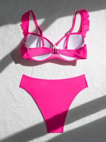 SHEIN Swim Ladies' Ruched Bikini Set With Ruffle Design, Summer Beach - Hot Pink - View 8