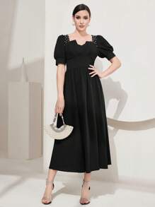 Modelyn Vestido largo de mujer estilo línea A con cintura adornada con perlas - Negro - Ver 5