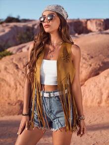 RELISH NOLESS Veste/Gilet léger en suède à franges, style bohème, sexy et décontracté, idéal pour les festivals country, les concerts et les vacances, pour femmes au printemps et en été - Camel - Voir 6