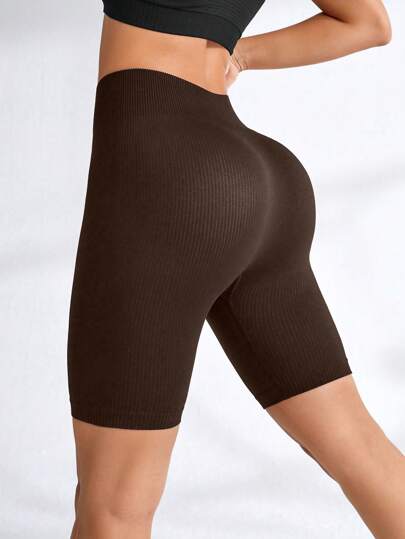 Short de cycliste de sport sans couture en maille côtelée marron, short extensible