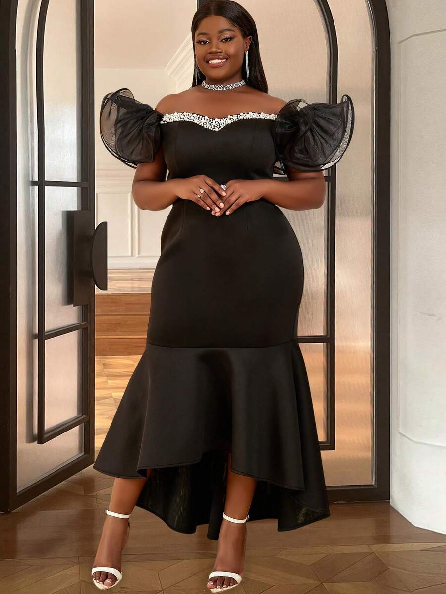 Hơn Off Shoulder Lưới tương phản Viền Ruffle Nàng tiên cá Hem Đầm - màu đen - Xem 1