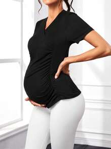 SHEIN 孕婦實色包覆休閒t恤 - 黑色 - 查看 1