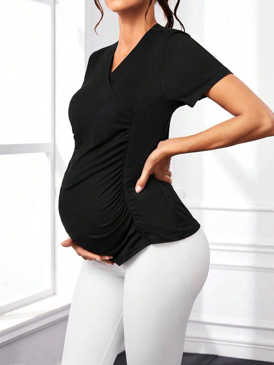 SHEIN 孕婦實色包覆休閒t恤 - 黑色 - 查看 1
