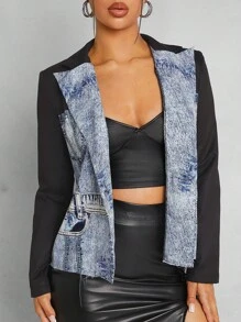 Denimoi Fashion Denim-Effect Print Colorblock Blazer - Black - View 3