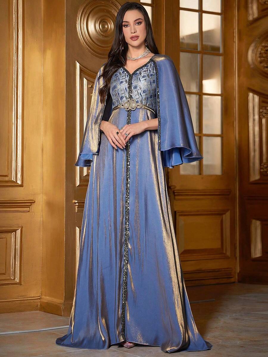 Embroidered Cape Sleeve Dress With Applique - Blue - View 1