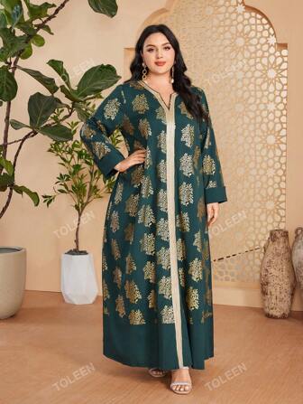 Plus Size Groene Glitter Print Arabische Abaya