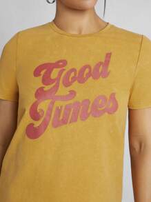 Denimoi 口号图案水洗短袖 T 恤 - 黃色 - 查看 6
