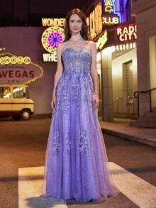 Women's Floral Embroidered Mesh Bandeau Evening Gown - Mauve Purple - View 7