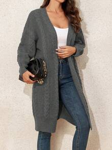 Women's Loose Fit Casual Solid Color Cardigan - Dark Grey - View 5