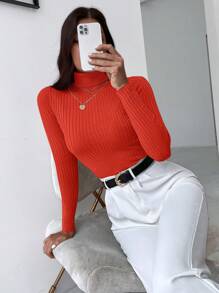 SHEIN Cottnline Women's Solid Color High Neck Long Sleeve Sweater Pullover - Orange - View 4