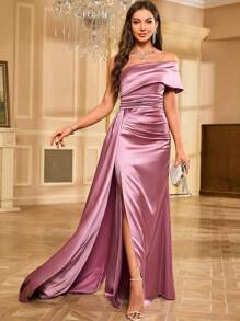 Sequined Satin Floor-Length Evening Gown Elegant Formal Prom Wedding Guest Dress, For Graduation, Dinner - Pink - View 1