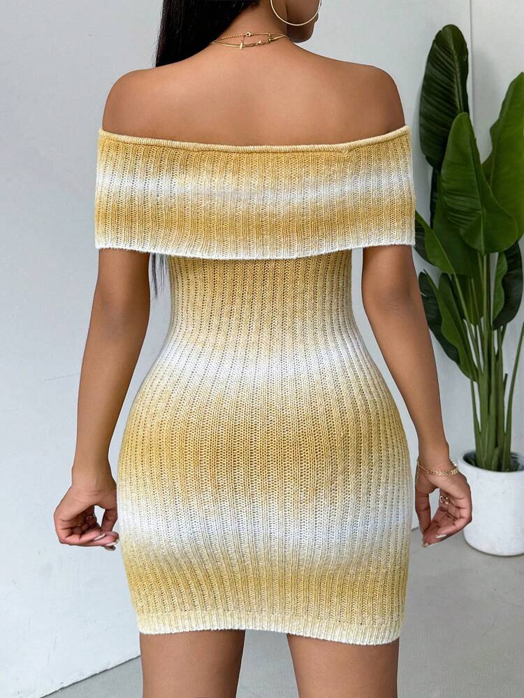 Off-Shoulder Short Sleeve Ombre Knitted Dress