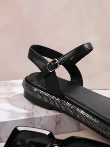 SHUZIA Women's Rhinestone Decorated Flat Sandals, Versatile Style - Black - View 5