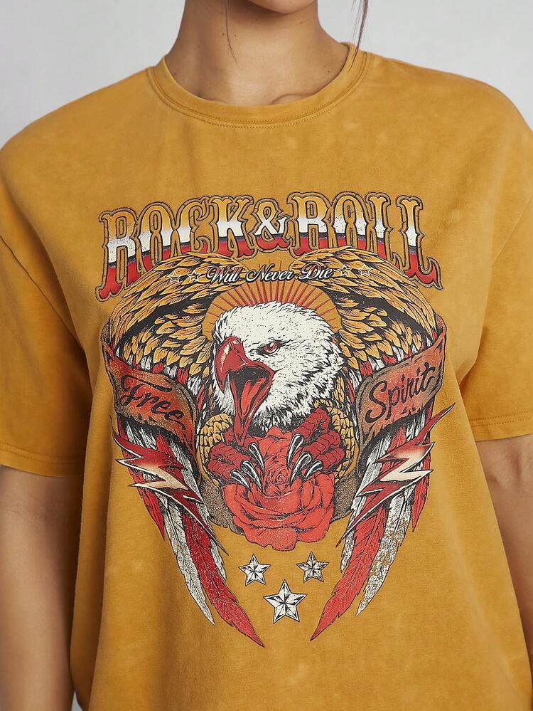 Round Neck Eagle Graphic Wash Boyfriend Tee