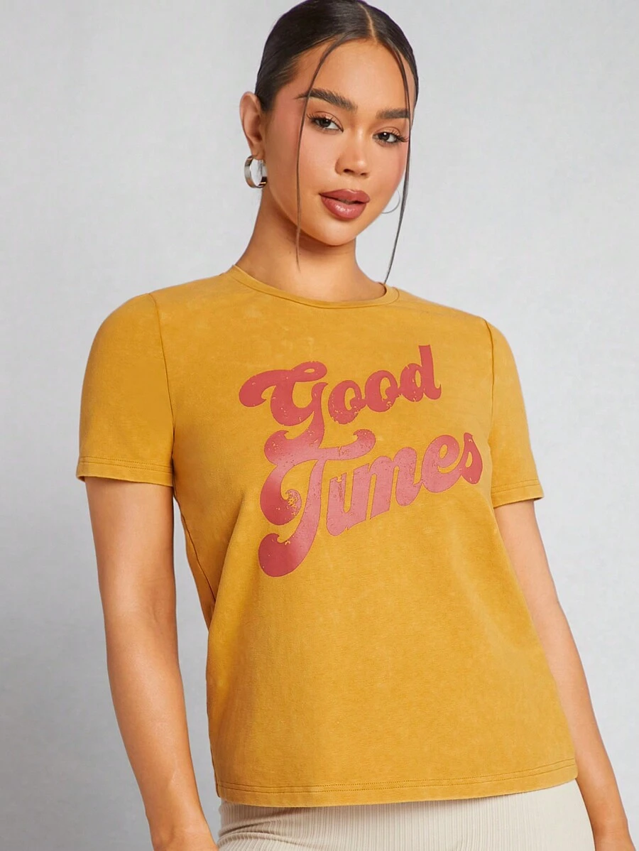 Denimoi 口号图案水洗短袖 T 恤 - 黃色 - 查看 1