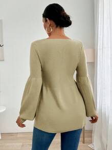 RueChic Women's Solid Color V-Neck Lantern Sleeve Sweater Pullover