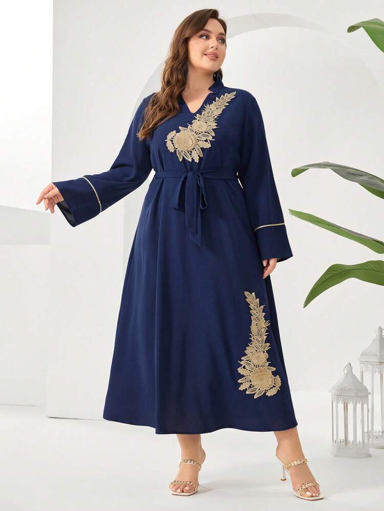 Plus Size Women's Floral Applique Decorated Bell Sleeve Arabic Clothing Kaftan Jalabiya Dress