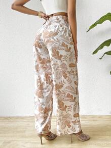SHEIN Slayr Pantalones De Pierna Ancha De Cintura Alta Para Mujer Con Estampado De Plantas Tropicales