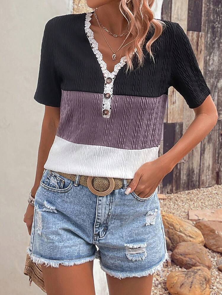 Women's Colorblocked Lace Trim Tee