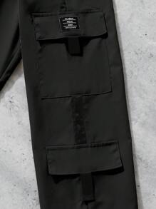 SHEIN 青少年男孩多袋配腰帶拼接街頭風格貨褲 - 黑色 - 查看 6