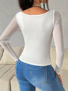 SHEIN Essnce 女士撞色网眼长袖鸡心领T恤 - 白色 - 查看 2