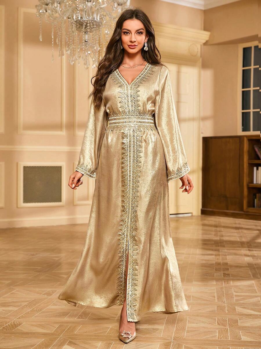 Long Sleeve Embroidered Lace High Slit Dress - Champagne - View 1