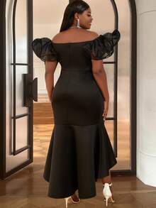 Hơn Off Shoulder Lưới tương phản Viền Ruffle Nàng tiên cá Hem Đầm - màu đen - Xem 2
